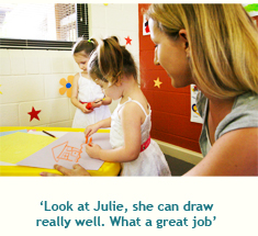 Carer saying to a child "Look at Julie – she can draw really well."