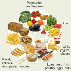 Pie chart showing the 5 food groups, some examples of foods contained in each one and the proportion of each food group that contributes to a balanced diet.